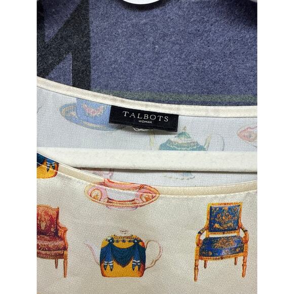 Talbots White Chairs Teacups Victorian Blouse Royal Large Novelty Print Whimsy - Picture 4 of 7